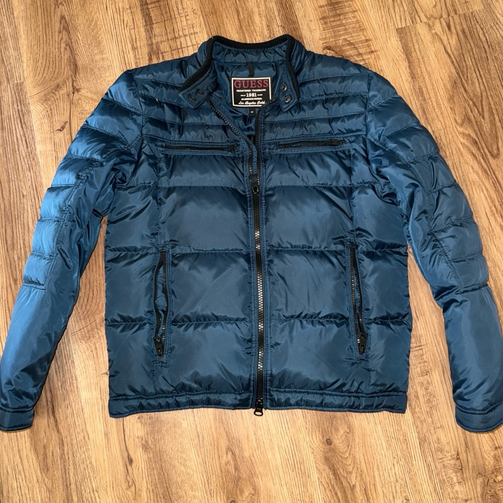Men’s Navy Blue Moto Style Guess Los Angeles Jacket Size Medium - Picture 1 of 10